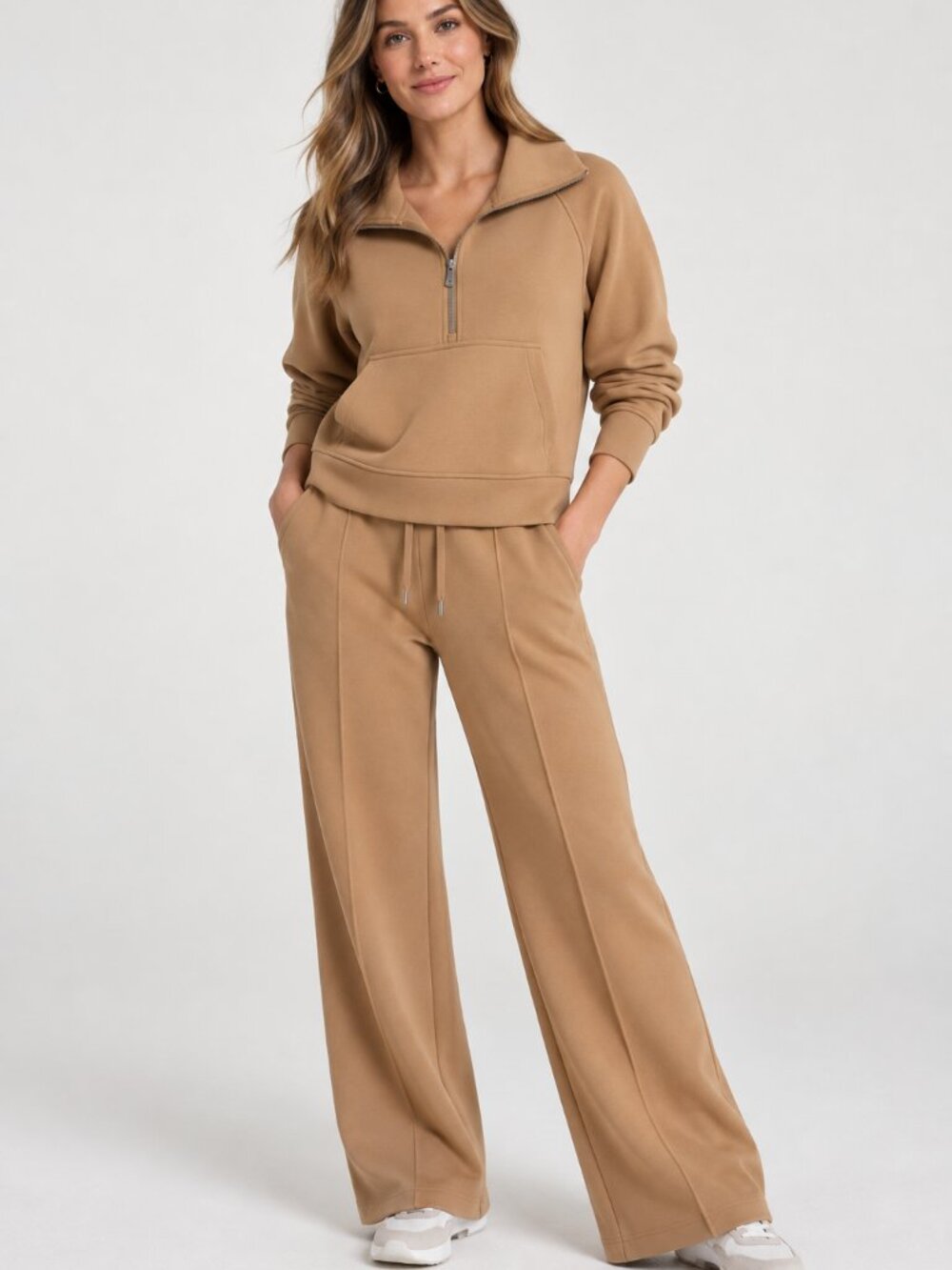 CALIA Soft Scuba 1/4 Zip Pullover & Wide Leg Pants Set Tan Brown Size Small